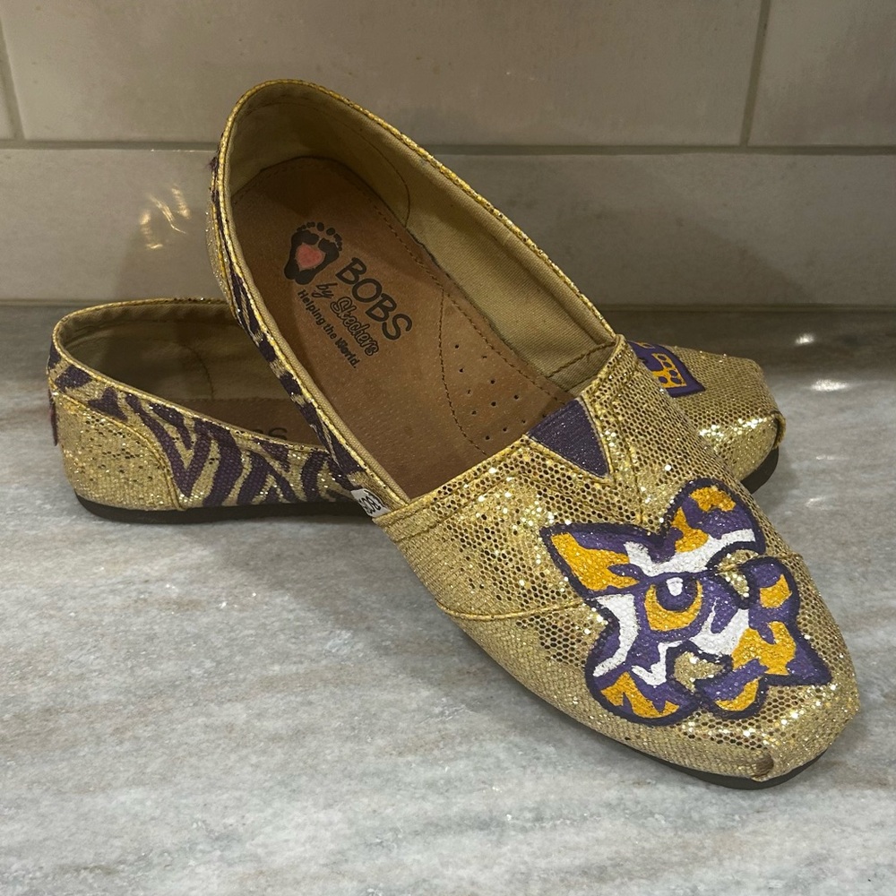 LSU Skechers Bobs Gold and Purple Slip-ons